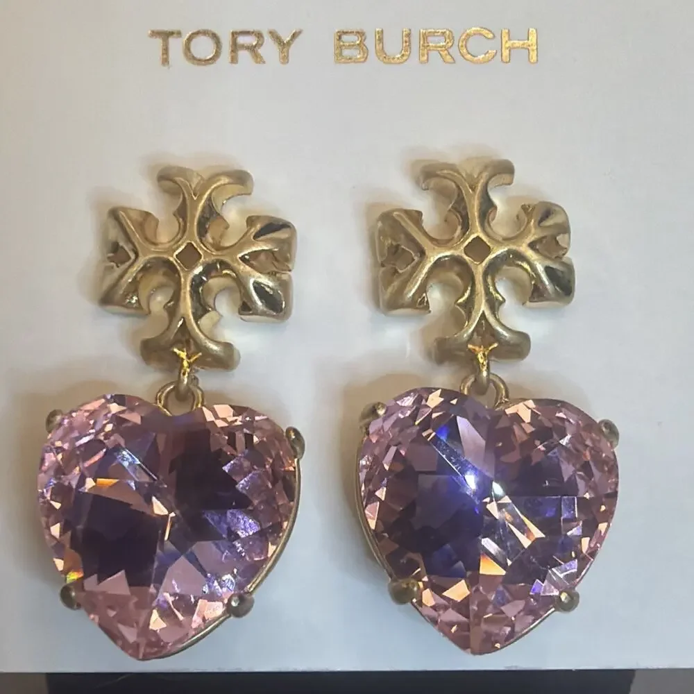 Tory Burch Kira Carved Heart Drop Earrings Gold & Pink New on Card Dust Pouch